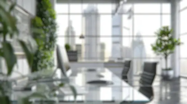 stock image Blur background of contemporary office space with city view and ample sunlight. Modern workplace photography. Business and professional concept. Design for real estate, corporate brochure. Spate.