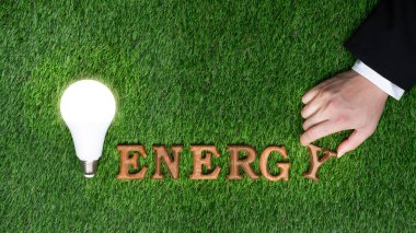 Çevre dostu enerjiyi ve sürdürülebilir Dünya için CO2 emisyonunu azaltmak için sınırlı enerji tüketimini teşvik etmek amacıyla biyofili yeşil çimen arka planı hakkında ECO bilinçlendirme kampanyasında ahşap alfabeyi elle düzenleyin. Gyre