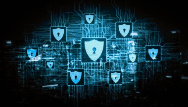 Siber Güvenlik ve Dijital Veri Koruma Konsepti. Simge arayüzü çevrimiçi veri erişim savunması için güvenli güvenlik duvarı teknolojisi gösteriyor. Hackerlara, virüse ve güvensiz bilgilere karşı. uds