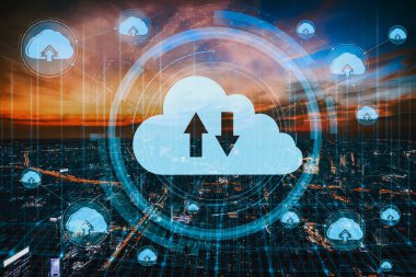 İş ağı konsepti için bulut bilgisayar teknolojisi ve çevrimiçi veri depolama. Bilgisayar, bulut veri transferi için internet sunucusuna 3 boyutlu fütüristik grafik arayüzü ile bağlanır. uds