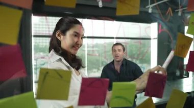 Genç kendine güvenen iş kadını projeyi uzman yatırımcıya sundu. Profesyonel proje yöneticisi başlangıç projesini açıklamak için yapışkan notlar kullanır, beyin fırtınası fikirlerini yatırımcıya paylaşır. Yönlendirici.