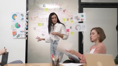 Profesyonel kadın lider, beyin fırtınası zihin haritası kullanarak yaratıcı pazarlama planını sunarken, iş arkadaşı da modern iş toplantı odasındaki uzman yatırımcılara toplantı belgelerini veriyor. Tertemiz..