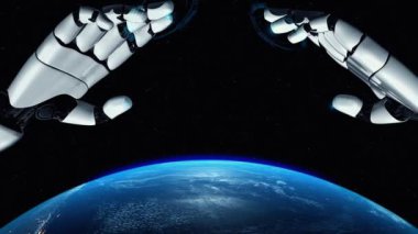 MLP Fütürist Robot Yapay Zeka, yapay zeka, yapay zeka, teknoloji geliştirme ve makine öğrenme kavramlarını aydınlatıyor. İnsan hayatının geleceği için küresel robotik blok zincir bilimi araştırması. 3B görüntüleme