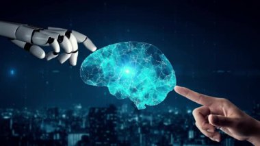 MLP Fütürist Robot Yapay Zeka, yapay zeka, yapay zeka, teknoloji geliştirme ve makine öğrenme kavramlarını aydınlatıyor. İnsan hayatının geleceği için küresel robotik blok zincir bilimi araştırması. 3B görüntüleme