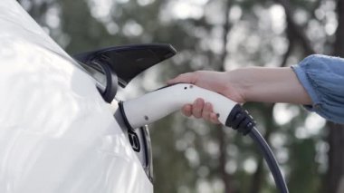 Kapalı alan kadını, doğal yeşil parktaki otoparkta EV elektrikli araba aküsünü şarj ediyor. Sürdürülebilir ve çevre dostu seyahat için şarj edilebilir araç için temiz enerji teknolojisi. Titiz
