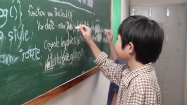 Asyalı çocuk web sitesini paylaşmak ve planlamak için kara tahtada yazarken yapay zeka üretmek için kodlama mühendisliği ya da programlama sistemi öğreniyor. Çeşitli öğrenci paylaşım fikirleri. Pedagoji.