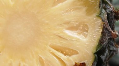 Ananas dilimi, tazelik hissi yaratıyor. Dilimlenmiş bir ananasın yakından bakınca tropik bir cennet ortaya çıkıyor. Güneş tarafından öpülen sarı altın et, pürüzsüz kahverengi kabuğa zıt düşer. Geliştirilebilir.