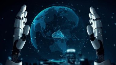 MLP Fütürist Robot Yapay Zeka, yapay zeka, yapay zeka, teknoloji geliştirme ve makine öğrenme kavramlarını aydınlatıyor. İnsan hayatının geleceği için küresel robot biyonik bilim araştırması. 3B görüntüleme grafiği.