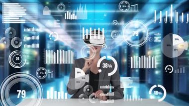 İş kadını, sunucuda VR küresel yenilik arayüzü dijital bilgi ağı teknolojisi görsel hologram animasyonu tarafından pazar iş dünyası veri araştırma grafik gözlemcisini seçiyor. Kısıtlanma.