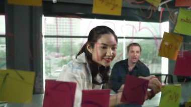 Genç kendine güvenen iş kadını projeyi uzman yatırımcıya sundu. Profesyonel proje yöneticisi başlangıç projesini açıklamak için yapışkan notlar kullanır, beyin fırtınası fikirlerini yatırımcıya paylaşır. Yönlendirici.