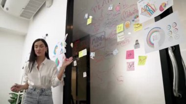 İş toplantısında zihin haritası, istatistiksel grafik ve renkli yapışkan notlar kullanarak cam tahtada yazarken yaratıcı pazarlama projesini sunan güzel beyaz iş kadını. Tertemiz..