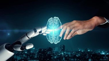 MLP Fütürist Robot Yapay Zeka, yapay zeka, yapay zeka, teknoloji geliştirme ve makine öğrenme kavramlarını aydınlatıyor. İnsan hayatının geleceği için küresel robotik blok zincir bilimi araştırması. 3B görüntüleme