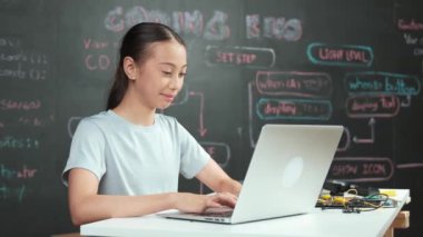Ağ geliştirme planıyla karatahtanın yanında otururken bilgisayar kodlama ve programlama sistemi kullanan beyaz bir kız. Şirin akademik öğrenci kod yazıyor ya da masada otururken bir şeyler söylüyor. Öğretim