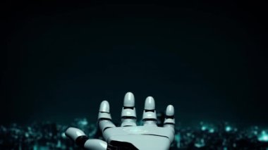 MLP Fütürist Robot Yapay Zeka, yapay zeka, yapay zeka, teknoloji geliştirme ve makine öğrenme kavramlarını aydınlatıyor. İnsan hayatının geleceği için küresel robot biyonik bilim araştırması. 3B görüntüleme grafiği.