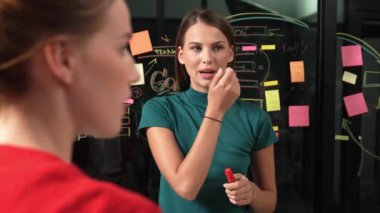 Yetenekli yönetici çeşitli yatırımcı takımlarına iş fikrini açıklıyor. Kadın liderleri dinleyen iş adamları, yapışkan notlar ve zihin haritalama kullanarak pazarlama stratejisi sunuyorlar. İzleme