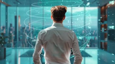 Genç Erkek Programcı Yapay Zeka güdümlü Pazarlama Çözümleri için LISP Açık Robot Hologramı ile Yazılım Analizi Yapılandırılıyor.