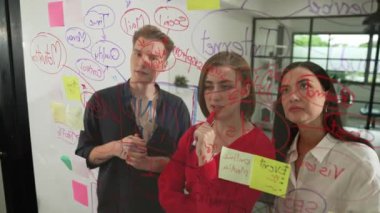 Genç yaratıcı şirket kurma ekibi fikir üretme ve sorunları renkli yapışkan notlar ve modern toplantı odasındaki zihin haritasını kullanarak çözme konusunda fikir üretiyor. Tartışıyoruz, birlikte çalışıyoruz. Tertemiz..