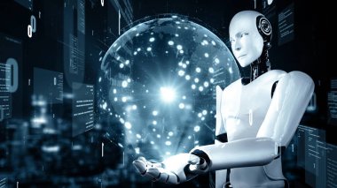 MLP 3d illüstrasyon Futuristik robot yapay zeka insansı yapay zeka programlama kodlama teknolojisi geliştirme ve makine öğrenme kavramı. İnsanlığın geleceği için robot biyonik bilim araştırması