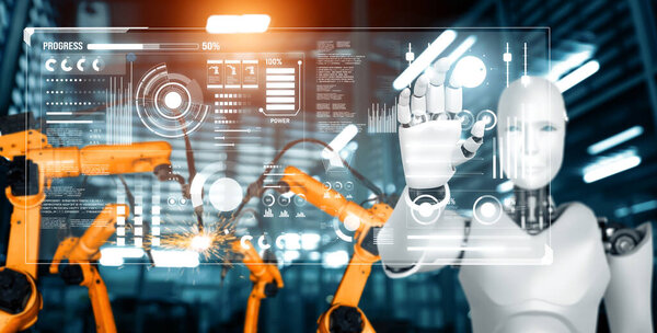 MLP Mechanized industry robot and robotic arms for assembly in factory production. Concept of artificial intelligence for industrial revolution and automation manufacturing process.