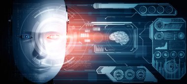 MLP 3D illüstrasyon robotu insansı yüzü, 4. endüstriyel endüstriyel için yapay zeka ve makine öğrenme sürecinin yapay zeka ve yapay zeka tarafından büyük veri analizinin grafiksel konsepti ile kapatılıyor.