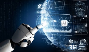 MLP Fütürist Robot Teknolojisi Geliştirme, Yapay Zeka Yapay Zeka ve Makine Öğrenme Konsepti. İnsan hayatının geleceği için küresel robot biyonik bilim araştırması.