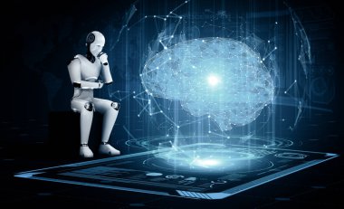 Yapay zeka ve yapay zeka kavramını makine öğrenme süreciyle gösteren sanal ekran analizi yapan Yapay Zeka Robotu Düşünme MLP 3D çizimi. 3B illüstrasyon.