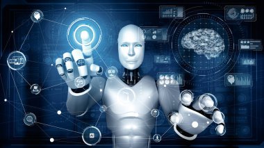 MLP 3d illüstrasyon yapay zeka ve yapay zeka kavramını gösteren sanal sanal hologram ekranına dokunan yapay zeka robotu. 3B illüstrasyon.