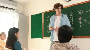 Matematik formülü veya teorisi ile karatahtanın önünde dururken sınıfın etrafına bakan profesyonel akıl hocası. Çeşitli ilköğretim öğrencileri matematik dersinde öğreniyor, çalışıyor ve oturuyor. Pedagoji.