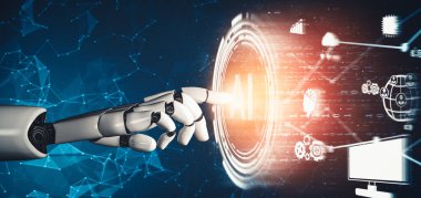 MLP 3D yorumlama fütüristik robot teknolojisi geliştirme, yapay zeka yapay zeka ve makine öğrenme kavramı. İnsan hayatının geleceği için küresel robot biyonik bilim araştırması.