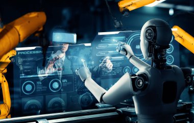 MLP Mekanize Endüstri Robotu ve insan işçileri gelecekteki fabrikada birlikte çalışıyorlar. Sanayi devrimi ve otomasyon üretim süreci için yapay zeka kavramı.