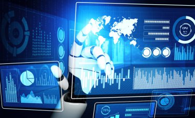 MLP 3D Rending futuristik robot teknolojisi geliştirme, yapay zeka yapay zeka ve makine öğrenme konsepti. İnsan hayatının geleceği için küresel robot biyonik bilim araştırması.