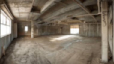 İçerisi güneşli pencereli beton binanın bulanık arka planı. Kentsel çürüme tasarımı. Terk edilmiş yerler ve yenileme projesi konsepti. Belgesel, şehir keşfi dergisi için tasarım. Aktar.