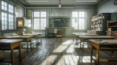 Masayla çevrili kitaplarla dolu büyük pencereli ve ahşap raflı geleneksel kütüphane arkaplanı bulanık. Eğitim ve eğitim kavramı. Posterler, duvar kağıtları için tasarım. Aktar.