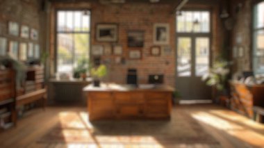 Geniş, modern ofisin arka planında tuğla duvarlar ve bitkilerle dolu büyük pencereler var. Endüstriyel ve çevre dostu iş yeri tasarımı. Poster, duvar kağıdı ve afiş için tasarım. Aktar.