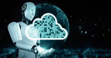 MLP 3d illüstrasyon yapay zeka robot robotu çevrimiçi sunucuda veri depolamak için bulut hesaplama teknolojisi kullanır. Makine öğrenme süreciyle analiz edilen gelecekteki bulut bilgi depolama kavramı. 3B görüntüleme