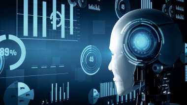 MLP 3d illüstrasyon Gelecek Finansal Teknoloji Kontrolü AI robot insansı makine öğrenimi ve yapay zeka kullanarak iş verilerini analiz ediyor ve yatırım ve ticaret hakkında tavsiyelerde bulunuyor