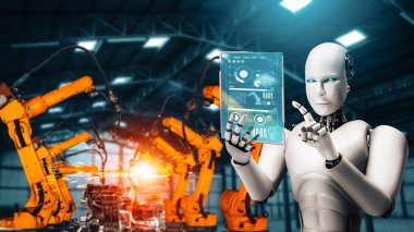 MLP Mekanize Endüstri Robotu ve robot silahları fabrika üretiminde kullanılacak. Sanayi devrimi ve otomasyon üretim süreci için yapay zeka kavramı.