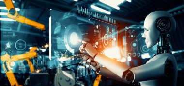 MLP Mekanize Endüstri Robotu ve robot silahları fabrika üretiminde kullanılacak. Sanayi devrimi ve otomasyon üretim süreci için yapay zeka kavramı.