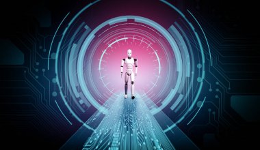 Bilim kurgu fantezi dünyasında MLP 3D robot çizimi. Dördüncü endüstriyel devrim için beyin ve makine öğrenme süreci kavramı.