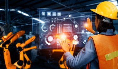 Dijital sanayi ve fabrika robotu teknolojisi için MLP Gelişmiş Robot Kol Sistemi. İnternet ağına bağlı IOT yazılımı kullanarak endüstri mühendisliği tarafından kontrol edilen otomasyon üretim robotu.