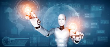 MLP 3d illüstrasyon yapay zeka kullanarak makine öğrenme sürecinde büyük veri analitiği kavramını gösteren sanal sanal sanal ekrana dokunan yapay yapay insansı robot yapay zekası. 3B illüstrasyon.