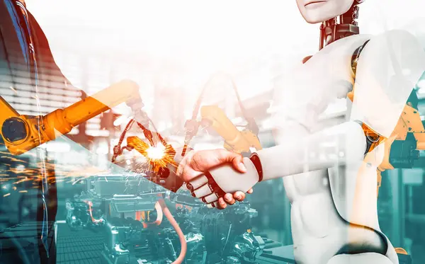 stock image MLP Mechanized industry robot and human worker working together in future factory. Concept of artificial intelligence for industrial revolution and automation manufacturing process.