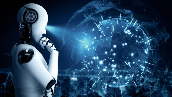 stock image MLP 3d illustration Thinking AI hominoid robot analyzing hologram screen shows concept of network global communication using artificial intelligence by machine learning process. 3D rendering computer