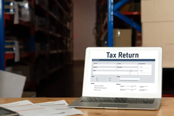 stock image Online tax return form for submitting individual income tax return form snugly on the internet website. Government web for tax payment and return. Taxation technology concept.