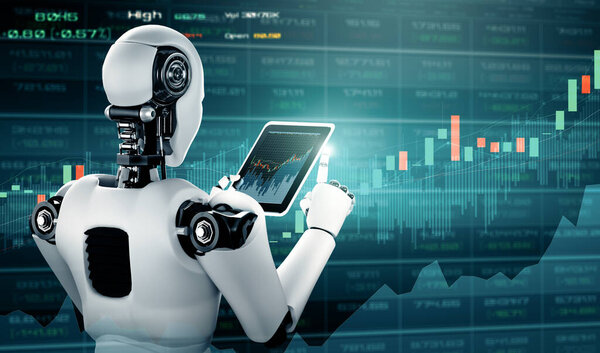 MLP 3d illustration Future financial technology controlled by AI robot using machine learning and artificial intelligence to analyze business data and give advice on investment and trading decision