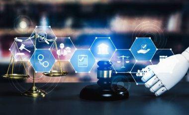 Yapay zeka yasası ve hukuki hukuk düzenlemeleri teknolojisini tasvir eden hukuki bilgilerle avukatlık bürosunda avukatlık araçları kullanan yapay zeka ile ilgili AI robot el tarafından gösterilen etik hukuk kavramı