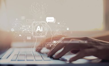 Yapay zeka sanal asistanı Chatbot ile yapay zeka konsepti ile insan etkileşimi, yapay zeka mühendisliği, LLM yapay zeka derin öğrenimi iş desteği için üretken yapay zeka kullanımı. EIDE