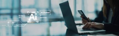 Yapay zeka sanal asistanı Chatbot ile yapay zeka konsepti ile insan etkileşimi, yapay zeka mühendisliği, LLM yapay zeka derin öğrenimi iş desteği için üretken yapay zeka kullanımı. EIDE