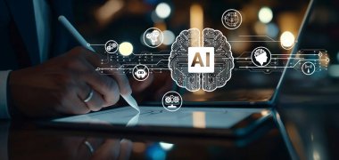 Yapay zeka mühendisliği, büyük veri ve yapay zeka makinesi kavramında yapay zeka beyin işlemcisiyle iş desteği için üretken yapay zeka kullanmayı öğrenen insan etkileşimi. EIDE