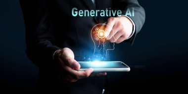 Human interact with AI artificial intelligence virtual assistant chatbot in concept of AI artificial intelligence prompt engineering, LLM AI deep learning to use generative AI for work support. FaaS clipart